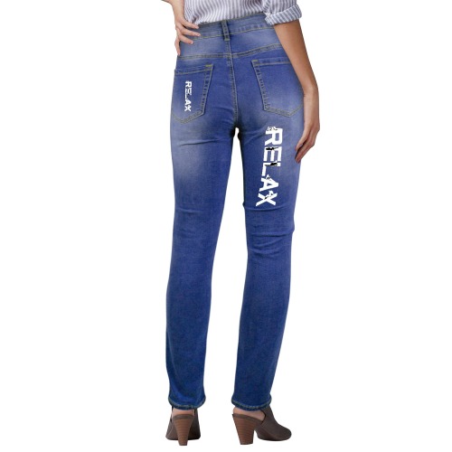 Relax white text and silhouettes of relaxing women Women's Jeans (Back Printing)