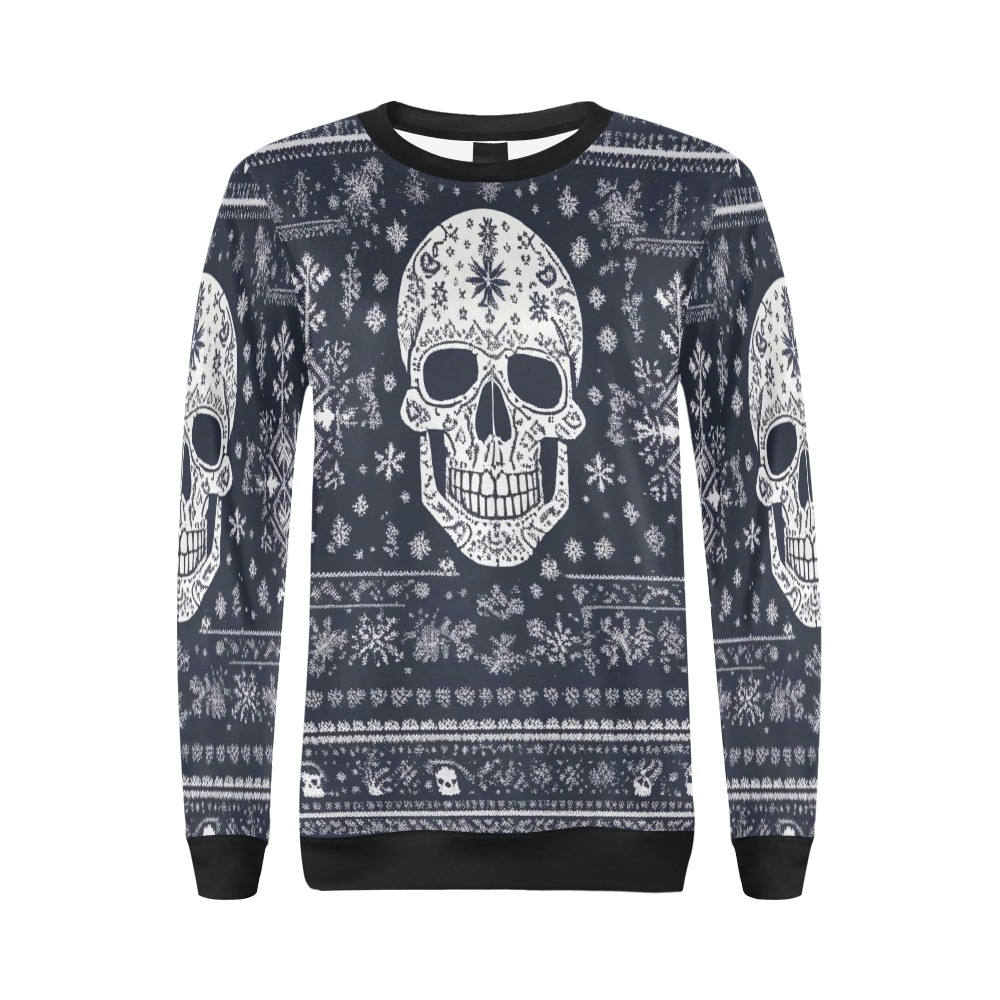 Stylish winter pattern with a cool decorated skull All Over Print Crewneck Sweatshirt for Women (Model H18)