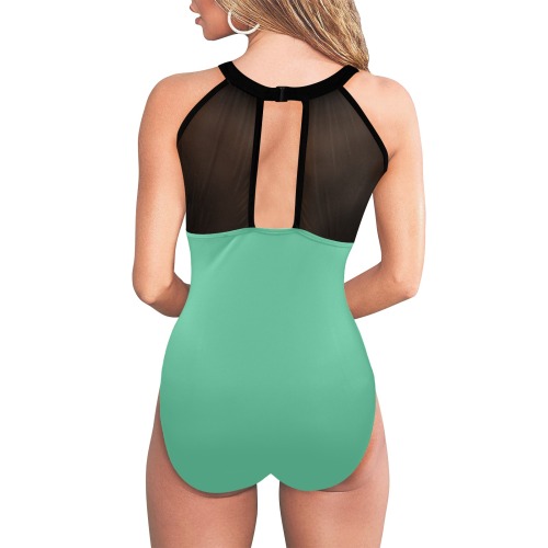 The moms suit teal logo on side Women's High Neck Plunge Mesh Ruched Swimsuit (S43)
