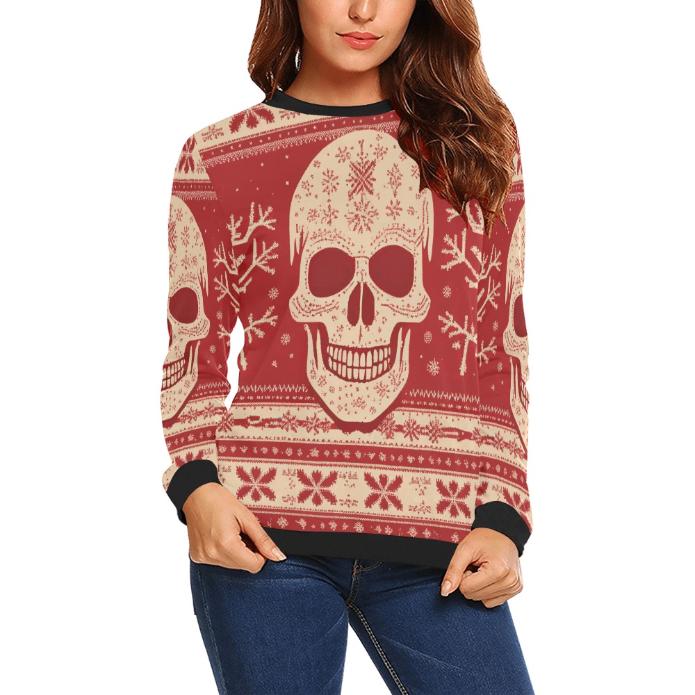 Red and beige fantasy pattern of skull and snow. All Over Print Crewneck Sweatshirt for Women (Model H18)