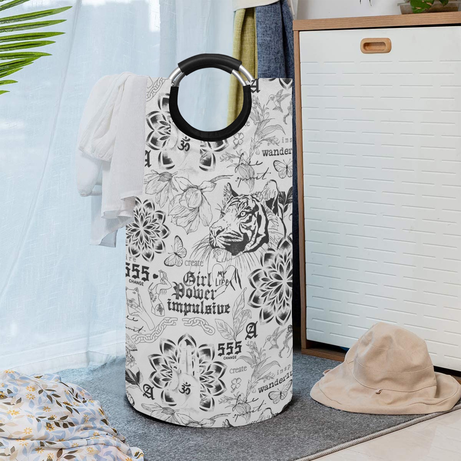 Inspirational tattoo pattern Round Laundry Bag