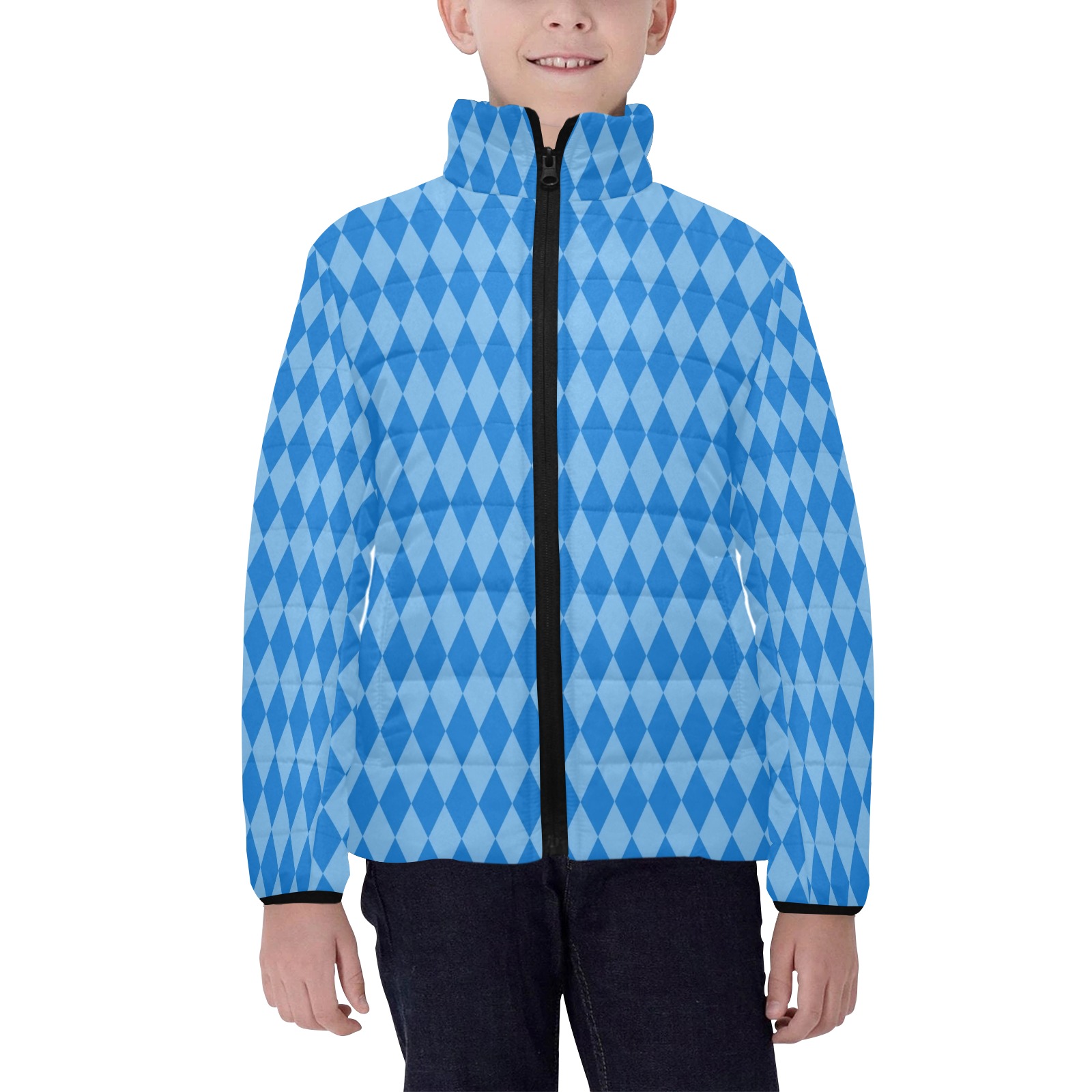 Blue Argyle Kids' Stand Collar Padded Jacket (Model H41)