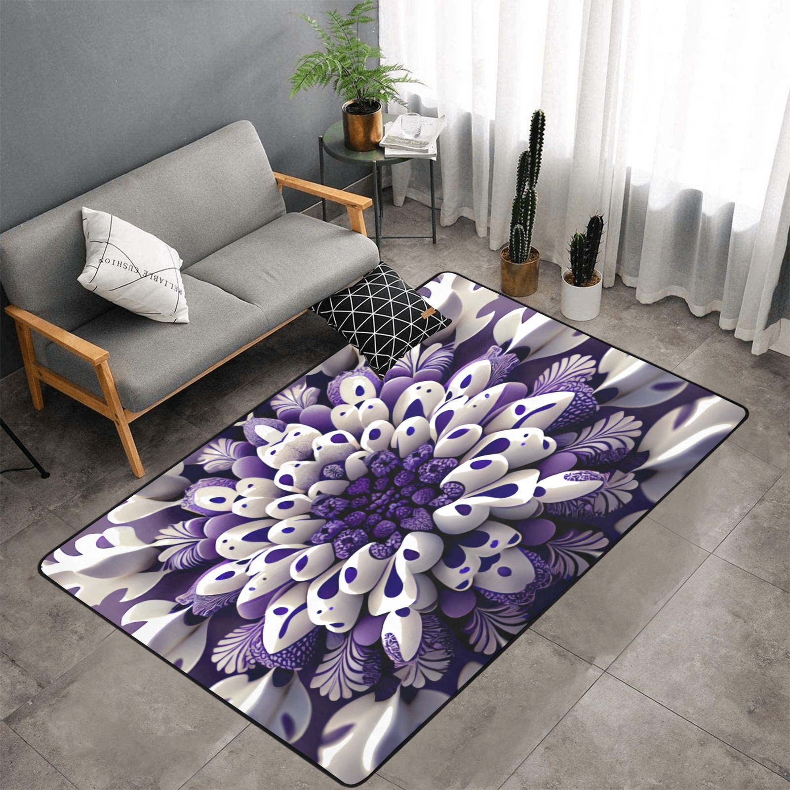 violet and white floral pattern Area Rug with Black Binding 7'x5'