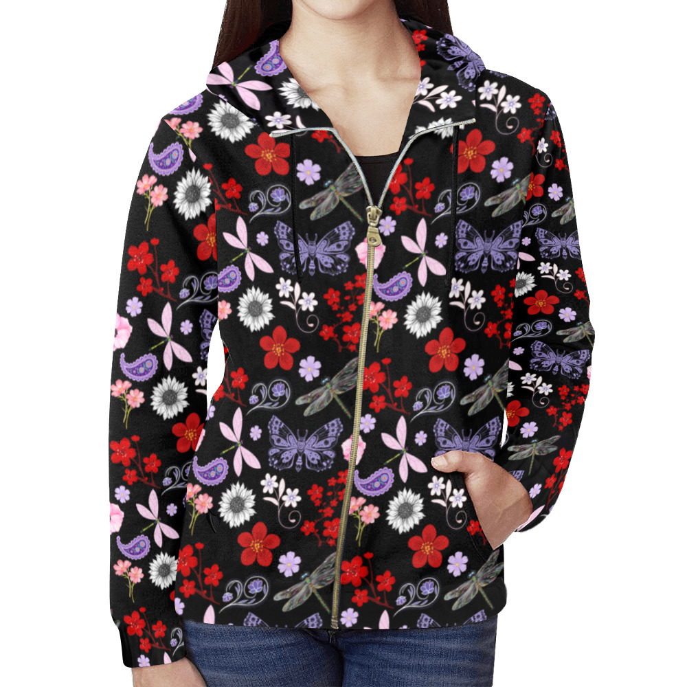 Black, Red, Pink, Purple, Dragonflies, Butterfly and Flowers Design All Over Print Full Zip Hoodie for Women (Model H14)