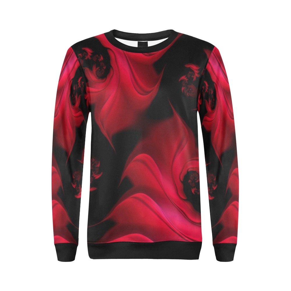Black and Red Fiery Whirlpools Fractal Abstract All Over Print Crewneck Sweatshirt for Women (Model H18)