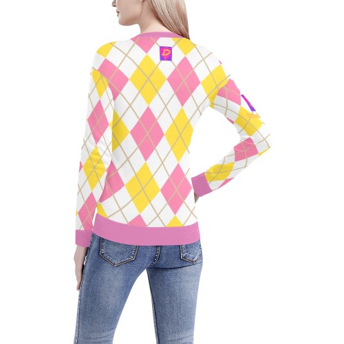 DIONIO Clothing - Ladies' Argyle Pink,White & Yellow V-Neck Sweater (Pink D-Shield Logo) Women's All Over Print V-Neck Sweater (Model H48)