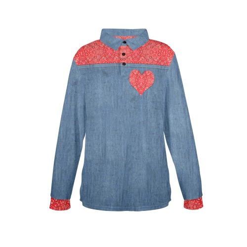Bandana Heart on Denim-Look Women's Long Sleeve Polo Shirt (Model T73)