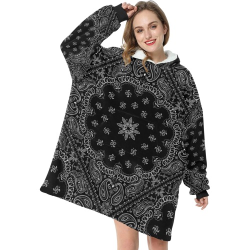 Black Bandanna Pattern / Black Cuff Blanket Hoodie for Women