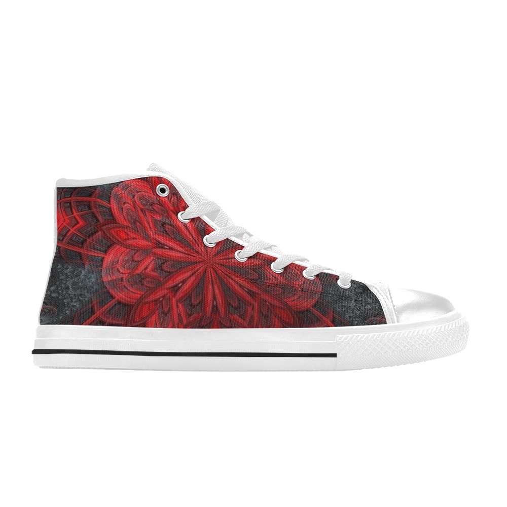 Red Flower on the Black Lava Fractal Kaleidoscope Mandala Abstract Men’s Classic High Top Canvas Shoes (Model 017)
