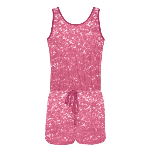 Magenta light pink red faux sparkles glitter All Over Print Vest Short Jumpsuit