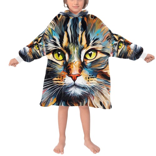 Norwegian forest cat face colorful art. Blanket Hoodie for Kids