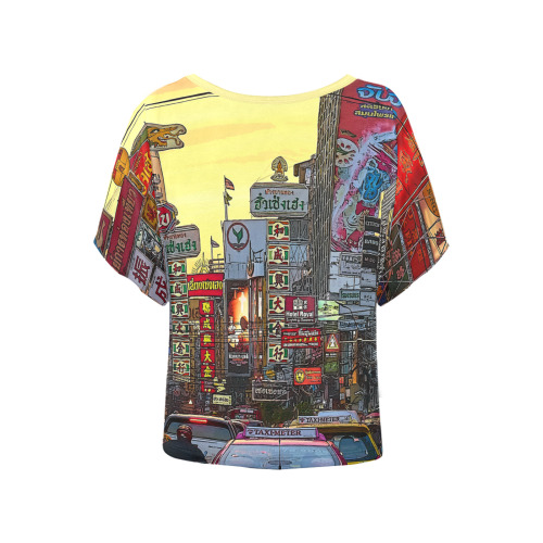 Chinatown in Bangkok Thailand - Altered Photo Women's Batwing-Sleeved Blouse T shirt (Model T44)