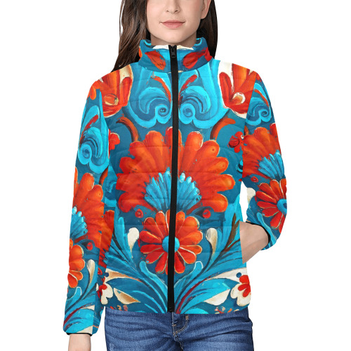 folklore motifs Women's Stand Collar Padded Jacket (Model H41)
