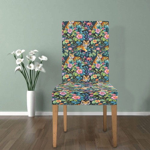 Jungle Tigers and Tropical Flowers Pattern Removable Dining Chair Cover