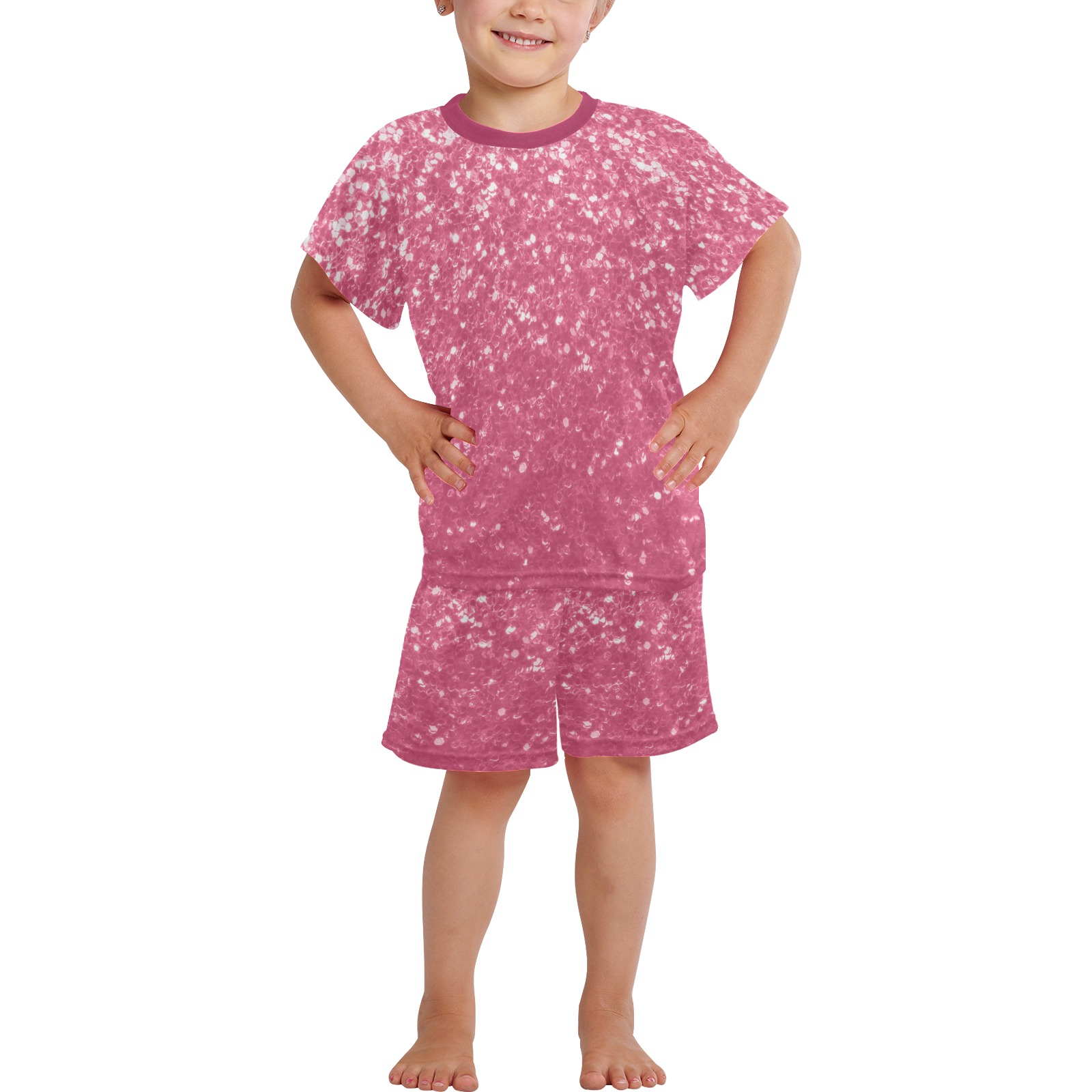 Magenta light pink red faux sparkles glitter Little Girls' Short Pajama Set