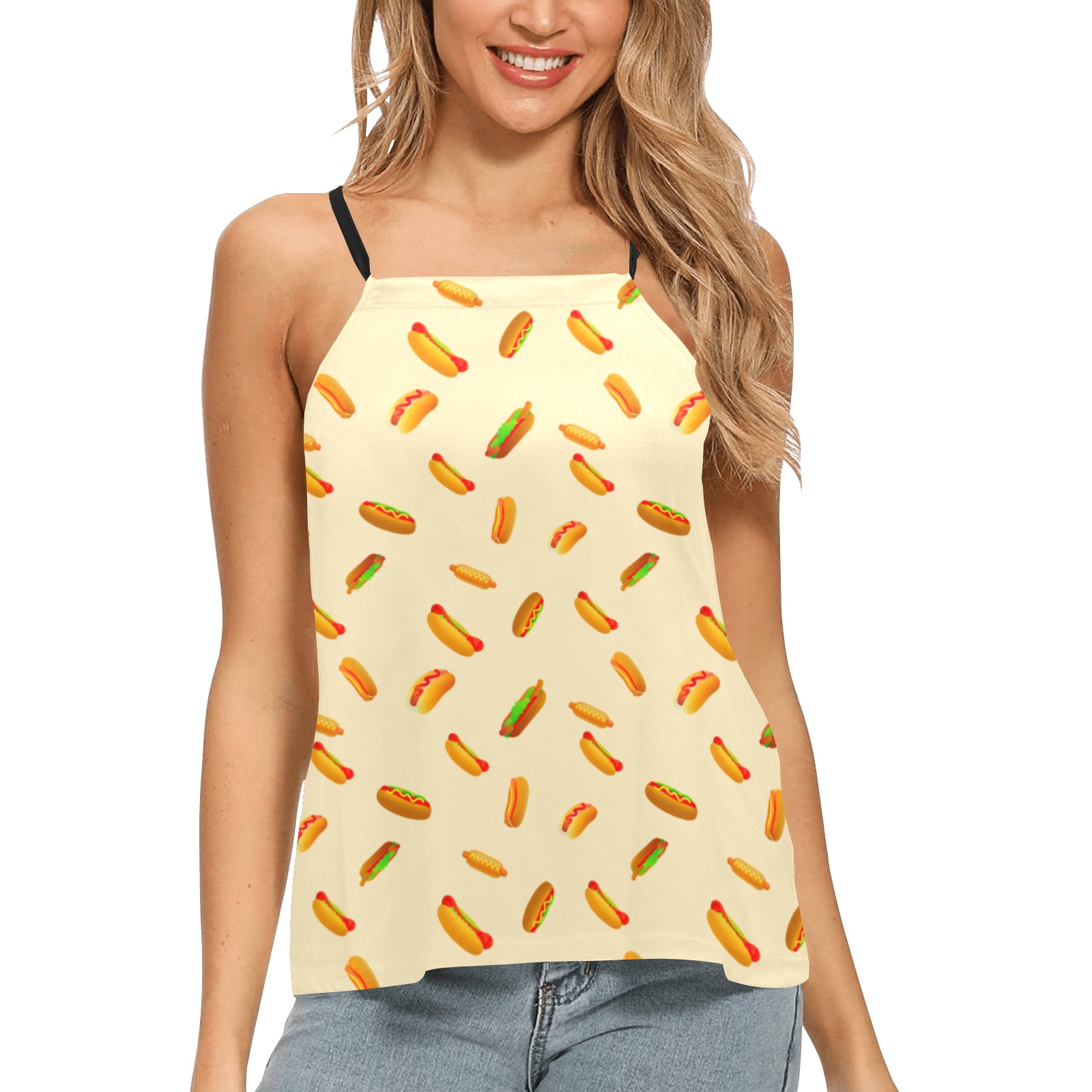 Hot Dogs on Yellow Loose Fit Halter Neck Top (Model T68)