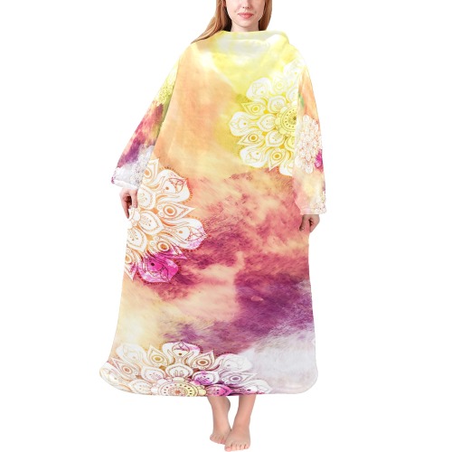 Watercolor LOTUS MANDALA Pattern - grunge style Blanket Robe with Sleeves for Adults