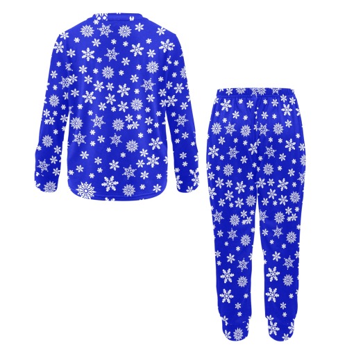 Christmas White Snowflakes on Blue Big Boys' Crew Neck Long Pajama Set