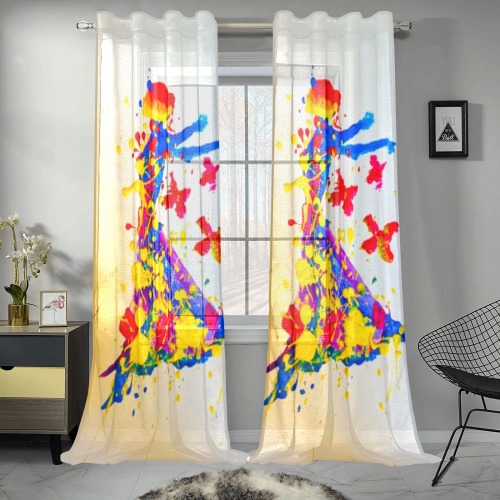fly away abstract woman Gauze Curtain 28"x95" (Two-Piece)