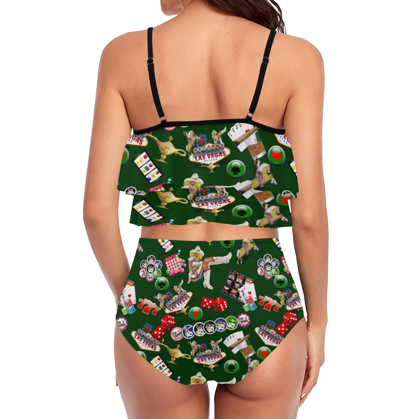 Las Vegas Gamblers Delight - Green High Waisted Double Ruffle Bikini Set (Model S34)