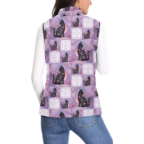 Purple Cosmic Cats Patchwork Pattern Women's Padded Vest Jacket (Model H44)