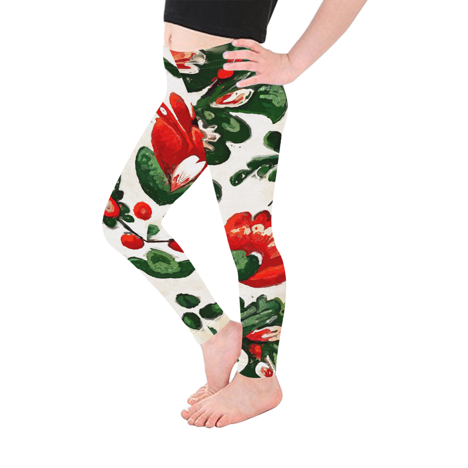 folklore motifs red flowers leggings Kid's Ankle Length Leggings (Model L06)