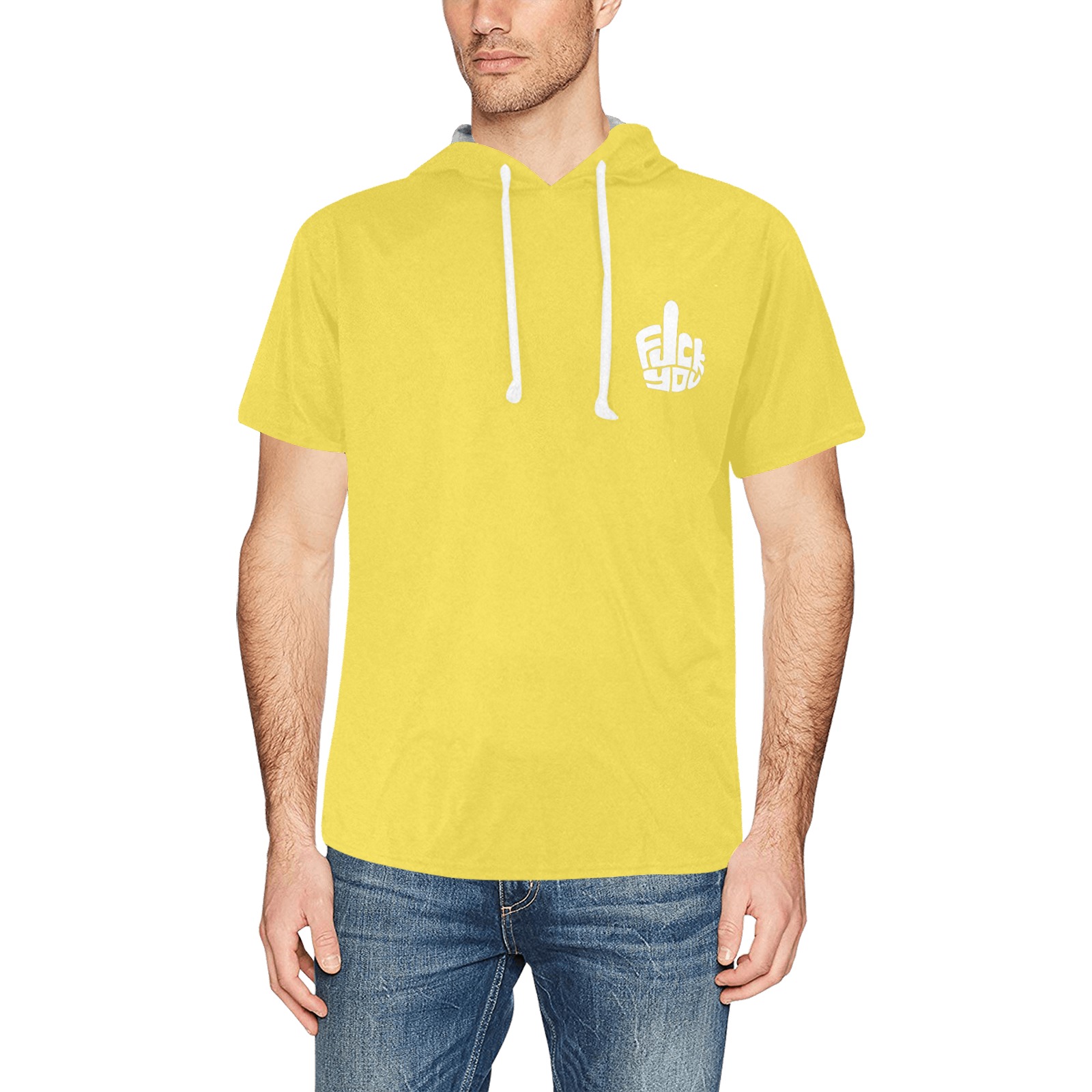RR FUCK YOU Yellow All Over Print Short Sleeve Hoodie for Men (Model H32)