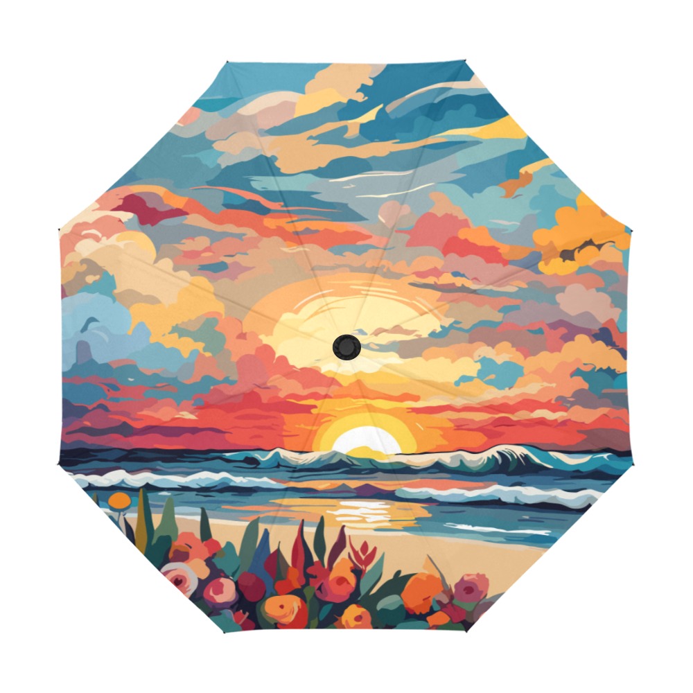 Ocean sunset, dramatic clouds, colorful flowers. Anti-UV Auto-Foldable Umbrella (U09)