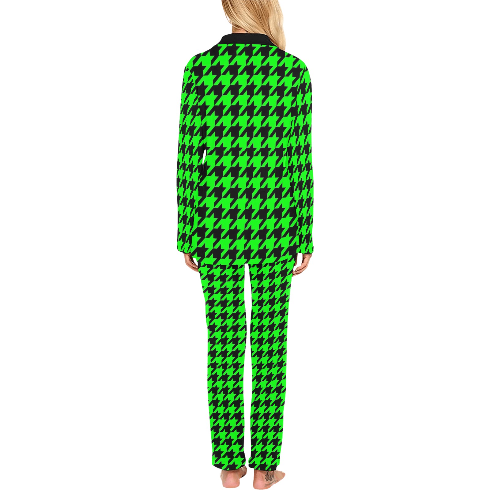 Black and Green Tight Houndstooth Women's Long Pajama Set
