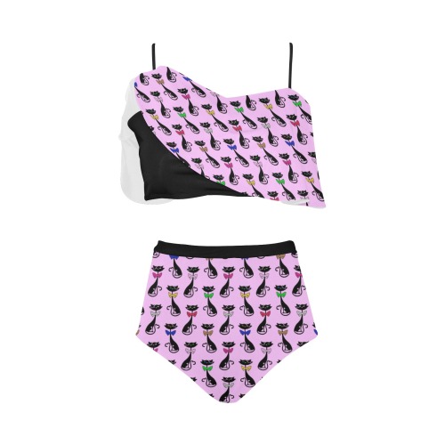 Black Cats Wearing Bow Ties - Pink High Waisted Ruffle Bikini Set (Model S13)