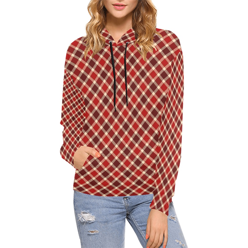 Burgundy Red Plaid All Over Print Hoodie for Women (USA Size) (Model H13)
