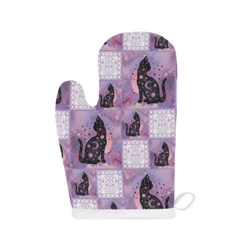 Purple Cosmic Cats Patchwork Pattern Linen Oven Mitt (Two Pieces)