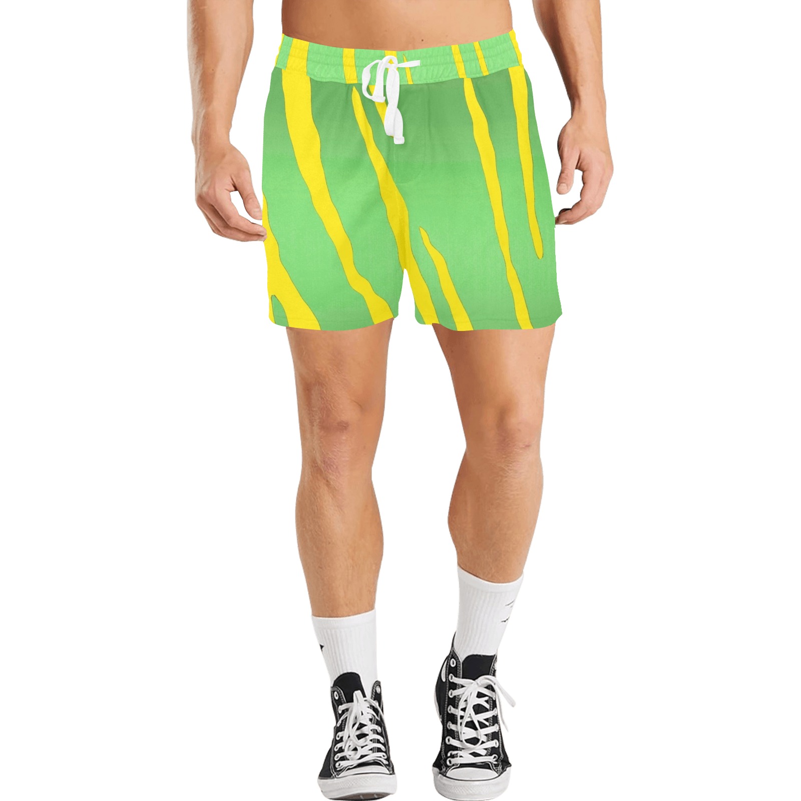 Metallic Tiger Stripes Green Yellow Men's Mid-Length Casual Shorts (Model L50)