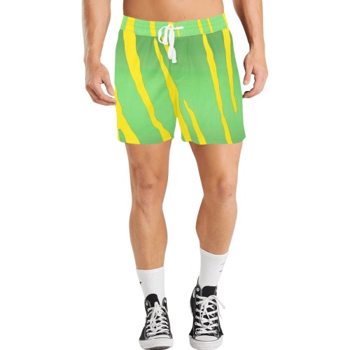 Metallic Tiger Stripes Green Yellow Men's Mid-Length Casual Shorts (Model L50)