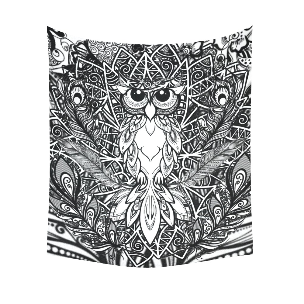 Black and White Wise Owl Tapestry Cotton Linen Wall Tapestry 51"x 60"