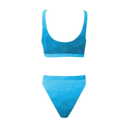 Cyan gradient geometric mesh pattern Sport Top & High-Waisted Bikini Swimsuit (Model S07)