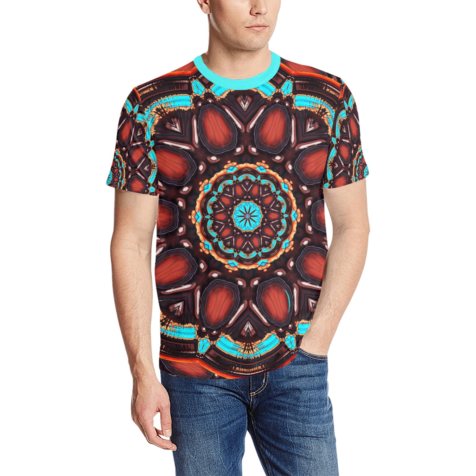 Wood and Turquoise Abstract Men's All Over Print T-Shirt (Solid Color Neck) (Model T63)