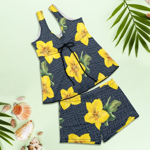 yellow flora print copy Women's Vest Skirt Split Swimsuit (Model S47)