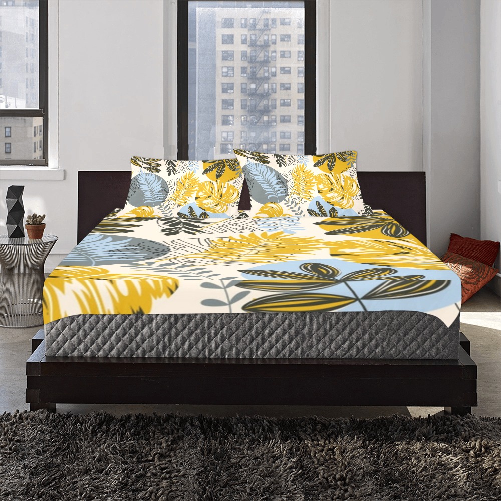 Gorgeous Gold, Gray and Blue Tropical 3-Piece Bedding Set