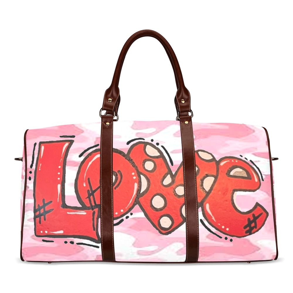 transparent LOVE in Quotes on Cancer Pink Camo Waterproof Travel Bag/Large (Model 1639)