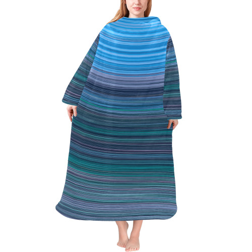 Abstract Blue Horizontal Stripes Blanket Robe with Sleeves for Adults