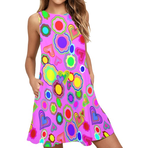 Groovy Hearts and Flowers Pink Sleeveless A-Line Pocket Dress (Model D57)