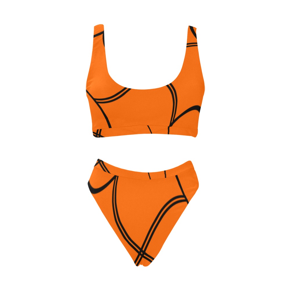 Black Interlocking Squares twirled orange Sport Top & High-Waisted Bikini Swimsuit (Model S07)