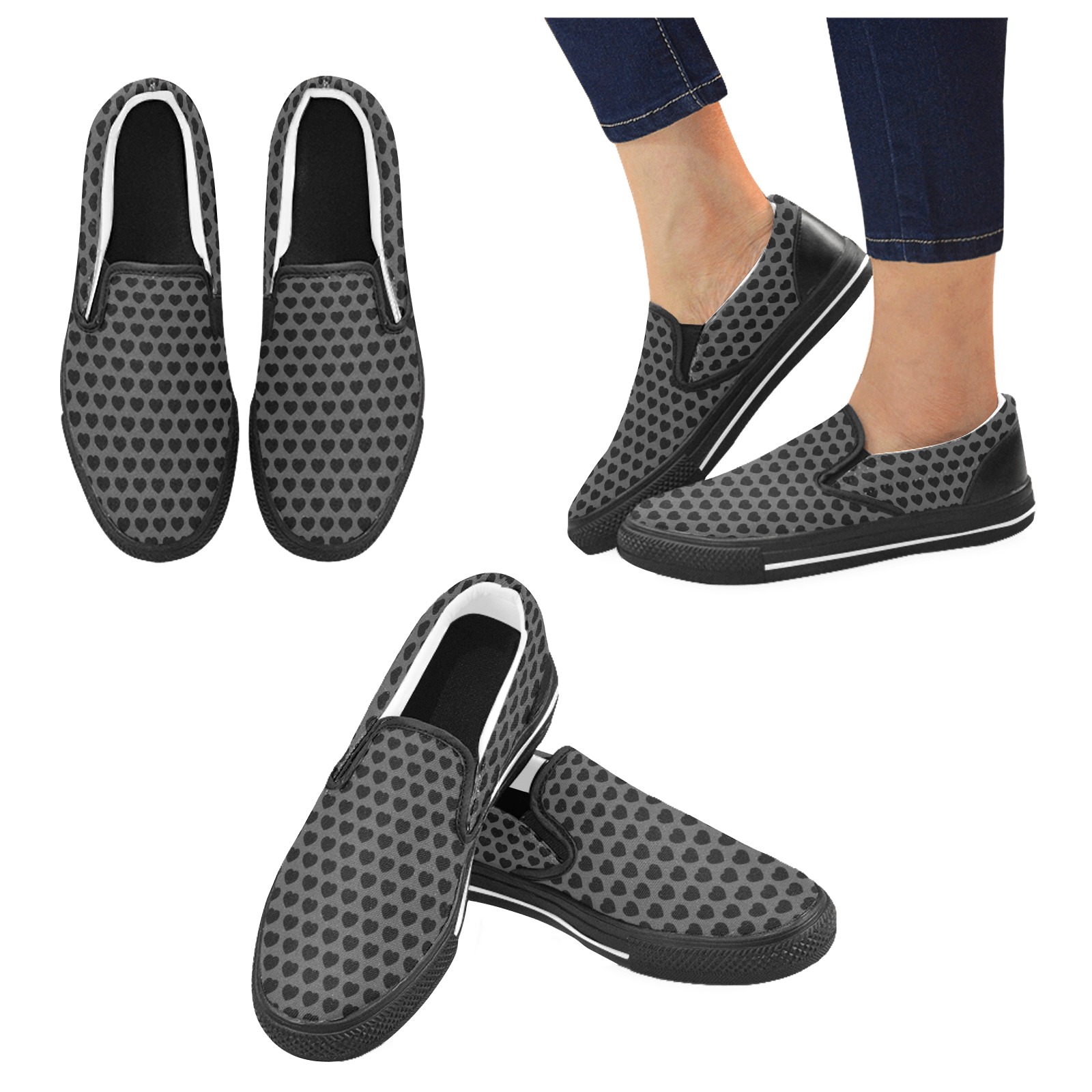 Black hearts pattern Women's Unusual Slip-on Canvas Shoes (Model 019)