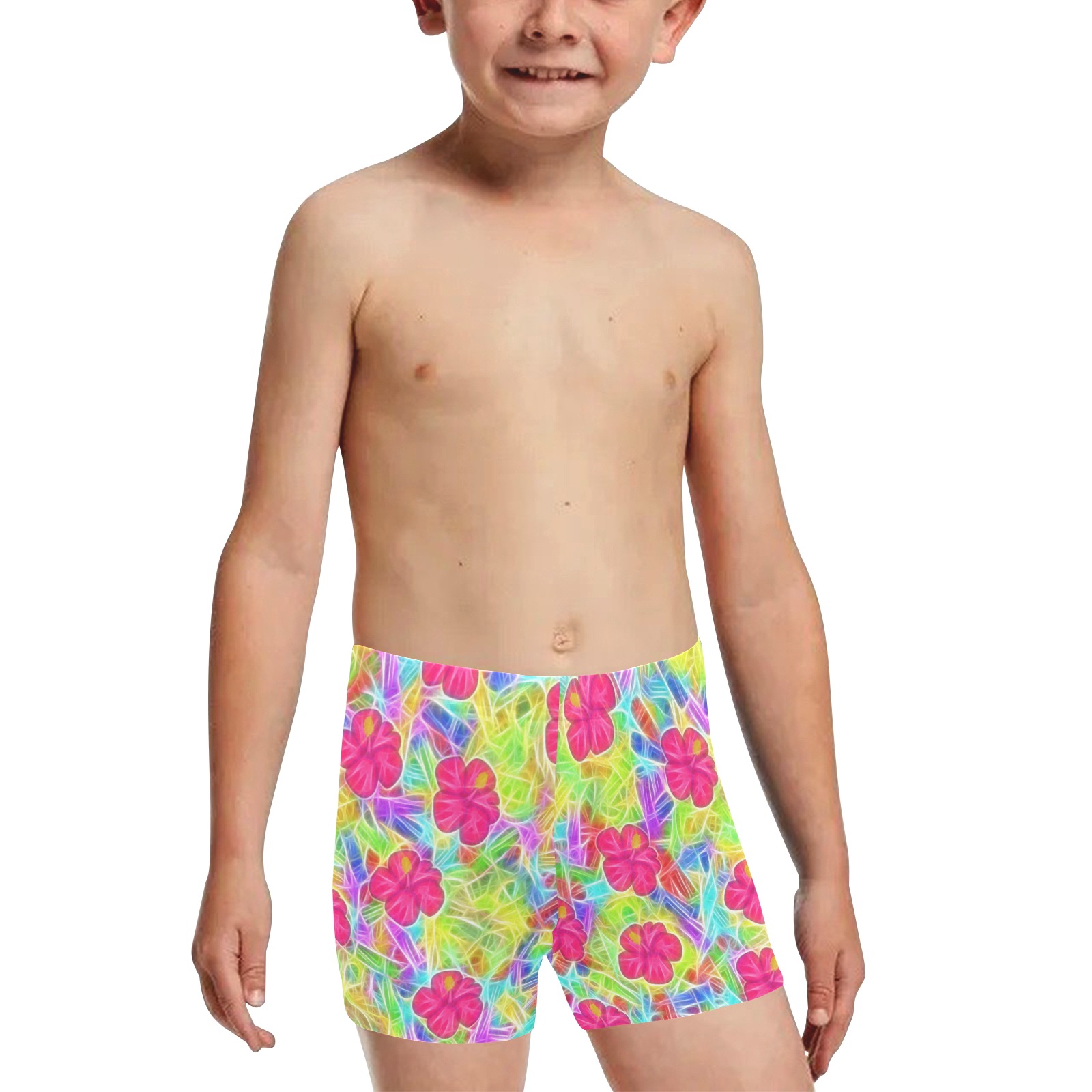 Pink Hawaiian Flowers Pattern Little Boys' Swimming Trunks (Model L57)