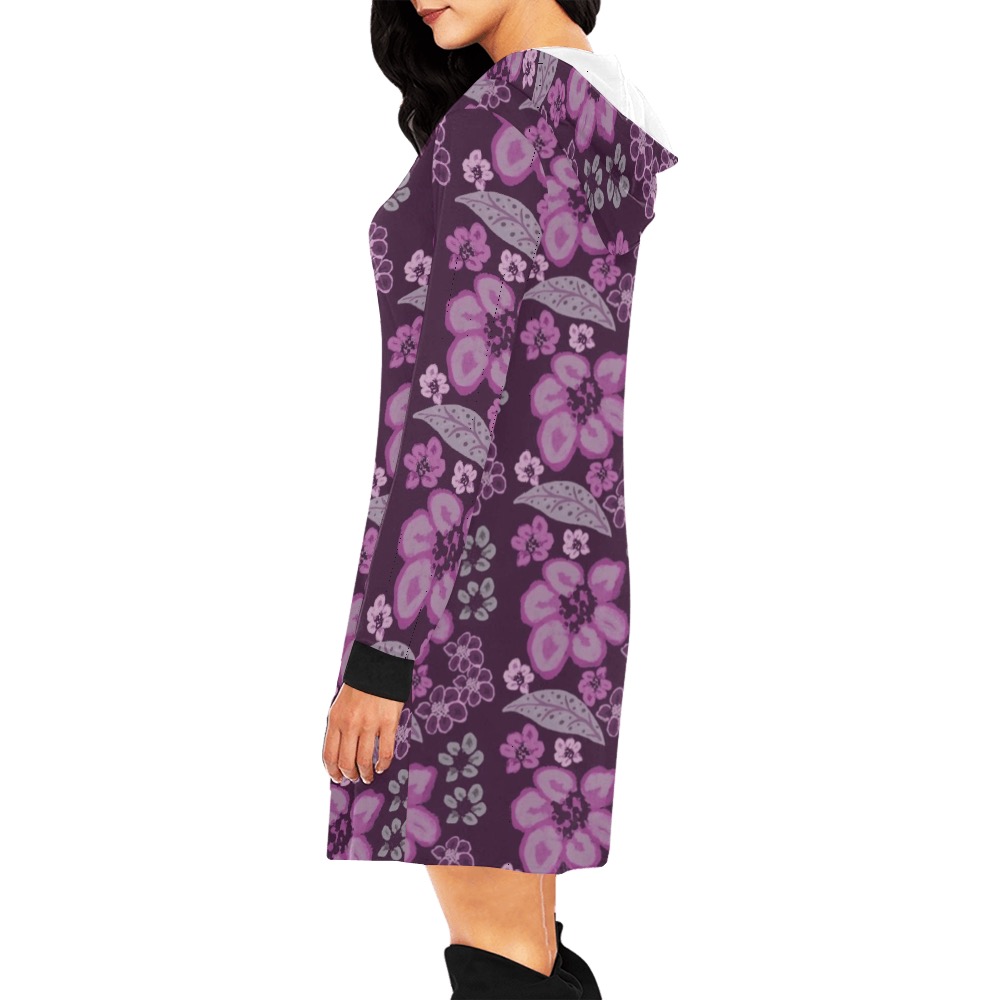Unique Purple Floral Pattern All Over Print Hoodie Mini Dress (Model H27)