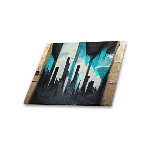 graffiti buildings black white and turquoise 1 Frame Canvas Print 20"x16"
