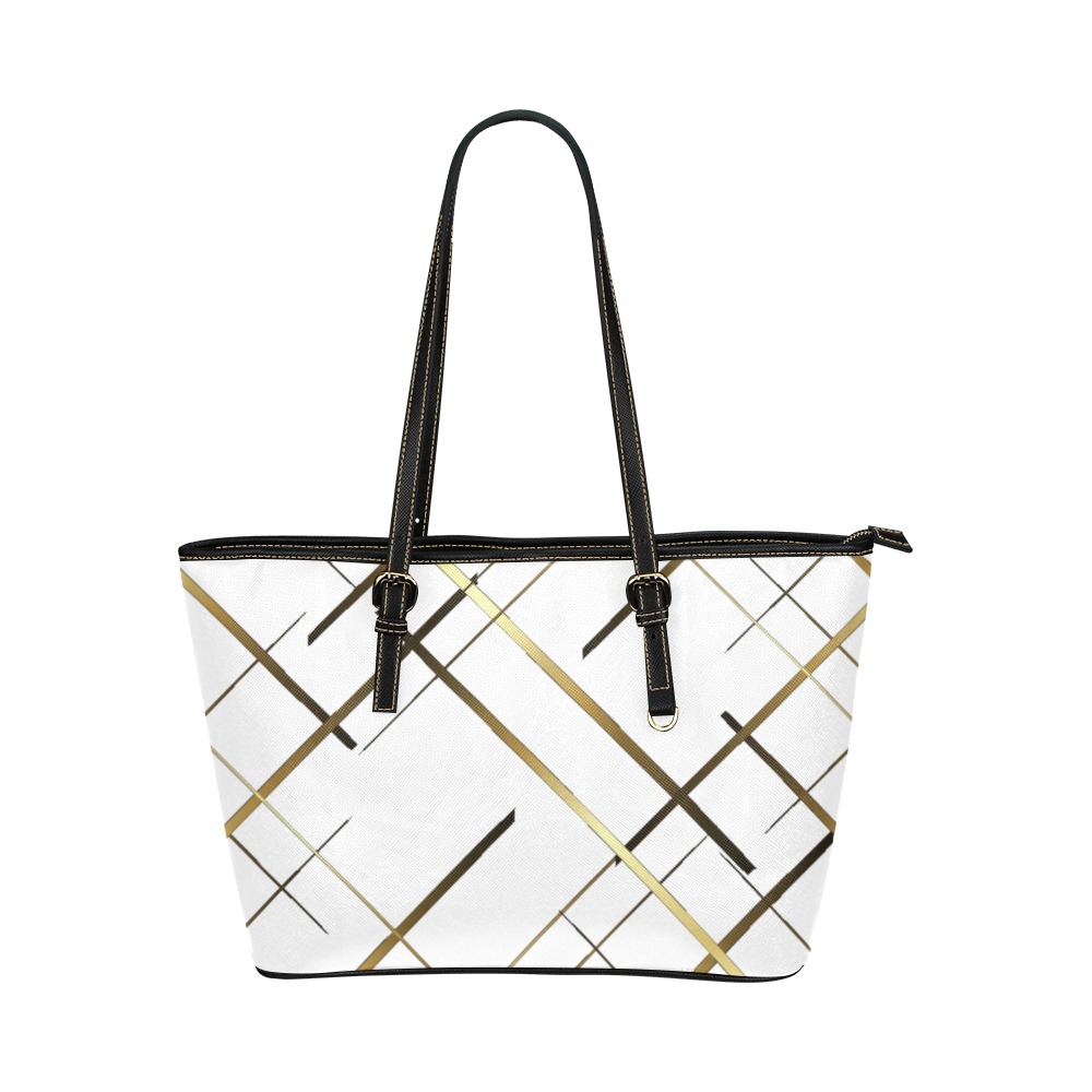 Women's White Leather Tote With Gold Stripes Leather Tote Bag/Large (Model 1651)