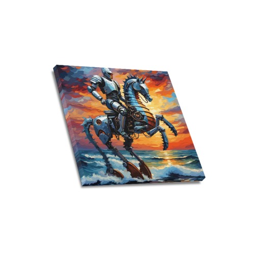 Funny futuristic knight on a mechanical seahorse. Upgraded Canvas Print 16"x16"