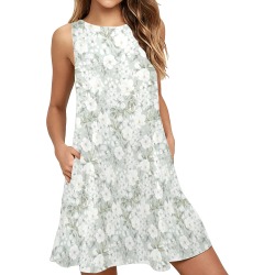 white flowers 2 Sleeveless A-Line Pocket Dress (Model D57)